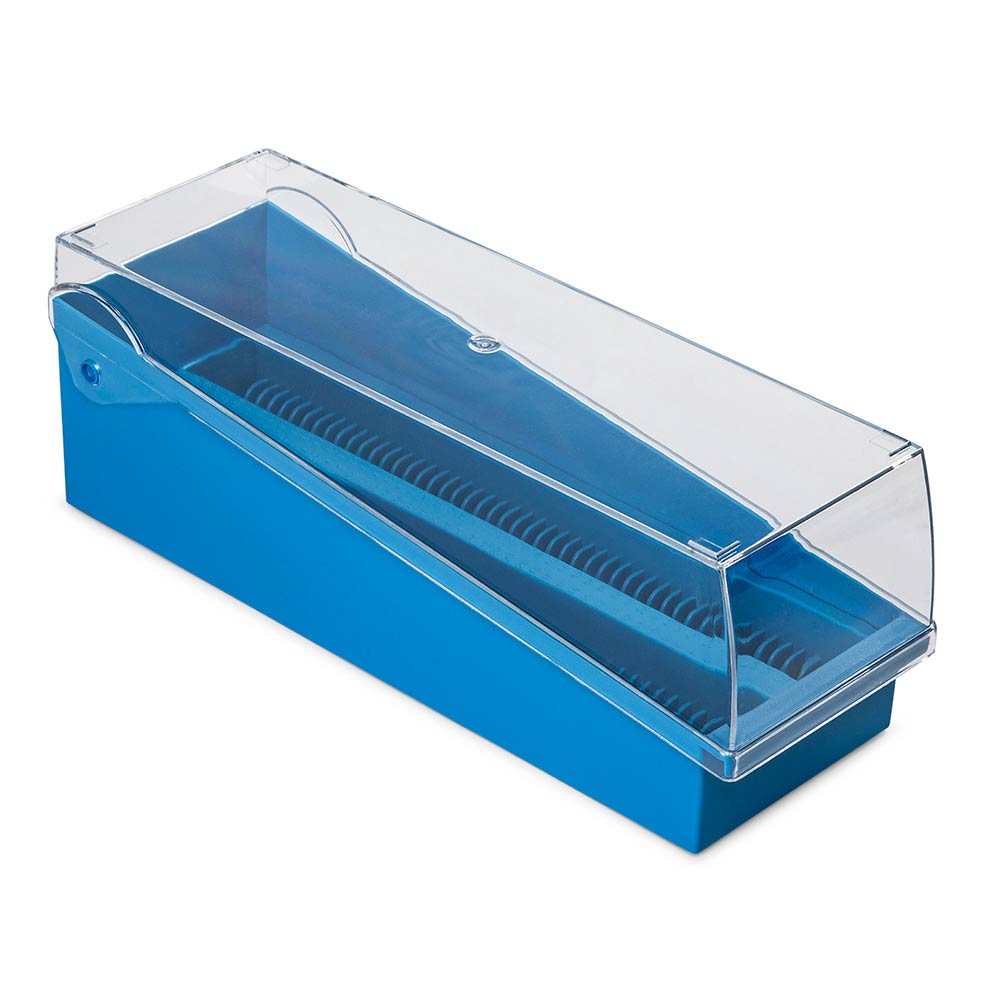 Globe Scientific Slide Storage Box with Hinged Lid and Removable Draining Tray, 100-Place for Up to 200 Slides, Abs, Blue