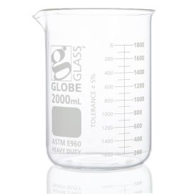 2000mL Beaker, Globe Glass, Low Form Griffin Style, Heavy Duty, Dual Graduations, 4/Pack