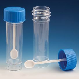 Container, Fecal, 30mL, Attached Screwcap with Spoon, PS, Conical Bottom, Self-Standing