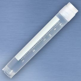 CryoClear tubes, 5.0mL, STERILE, External Threads, Attached Screwcap with Co-Molded Thermoplastic Elastomer (TPE) Sealing Layer, Round Bottom, Self-Standing, Printed Graduations, Writing Space and Barcode