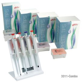 Pipette Kit, Diamond PRO Adjustable Volume Pipettors: 0.5-10uL, 2-20uL, 20-200uL, 100-1000uL, Racked Tips: 10uL, 20uL, 200uL, 1250uL and 4-Place Stand