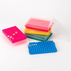 Reversible Rack with Cover for Microcentrifuge Tubes, 96-Place for 1.5mL and 2.0mL and Reverse Side is 96-Place for 0.2mL and 0.5mL Tubes, Natural