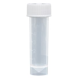 Transport Tube, 5mL, with Attached White Screw Cap, STERILE, PP, Conical Bottom, Self-Standing, Molded Graduations, 25/Bag, 20 Bags/Case