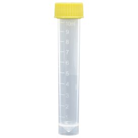 Transport Tube, 10mL, with Separate Yellow Screw Cap, PP, Conical Bottom, Self-Standing, Molded Graduations