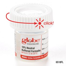 Pre-Filled Click Close Container: 20mL (0.67oz), PP, Filled with 10mL of 10% Neutral Buffered Formalin, Attached Hazard Label, 24/CariPak, 4 CariPaks/Case